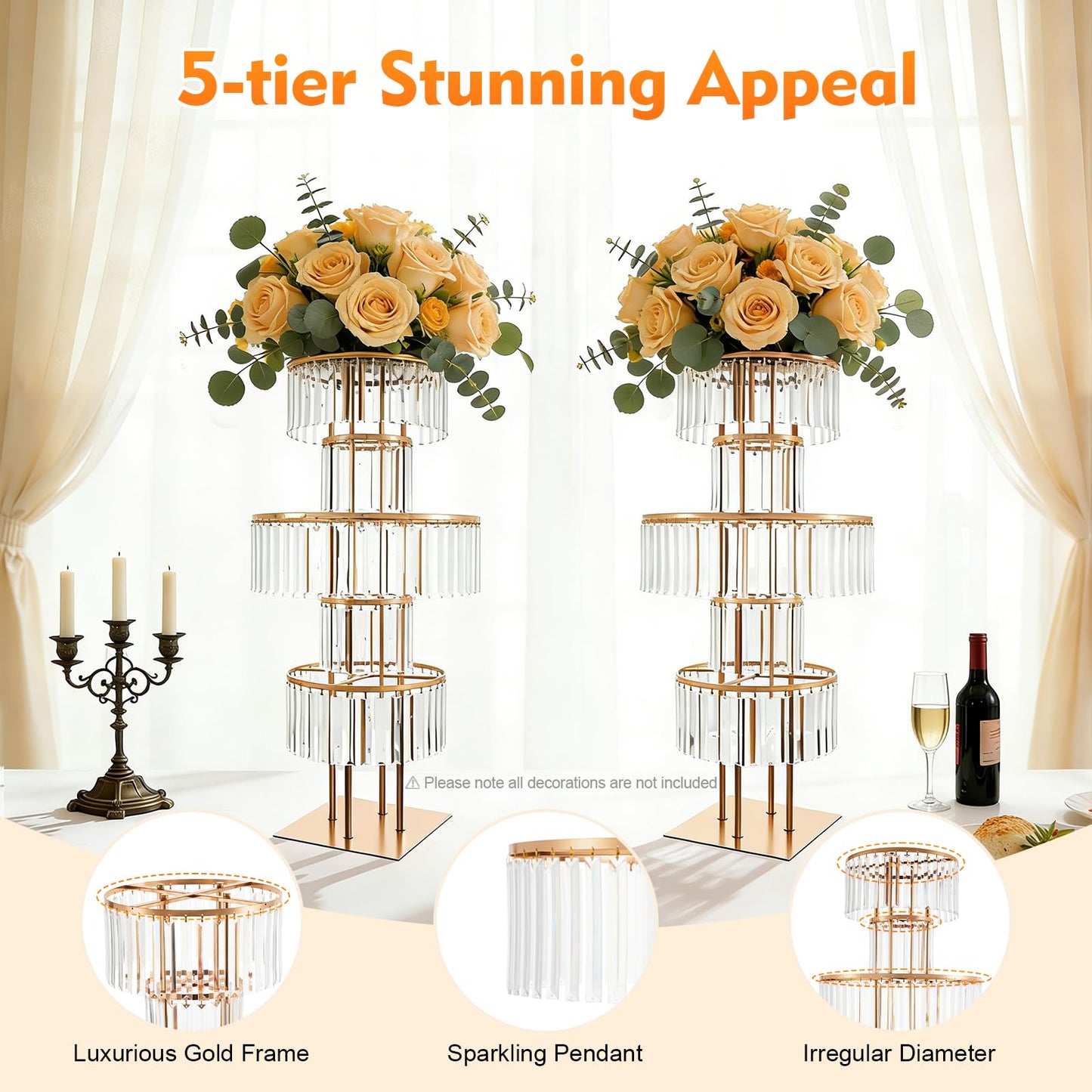 2 PCS 5 Tier Crystal Flower Stands, 43.3in Tall Wedding Centerpieces, Crystal Flower Stand with Hanging Crystals for a Wedding, Birthday Party, Celebration, Home Decoration, Living Room (Gold, Square)
