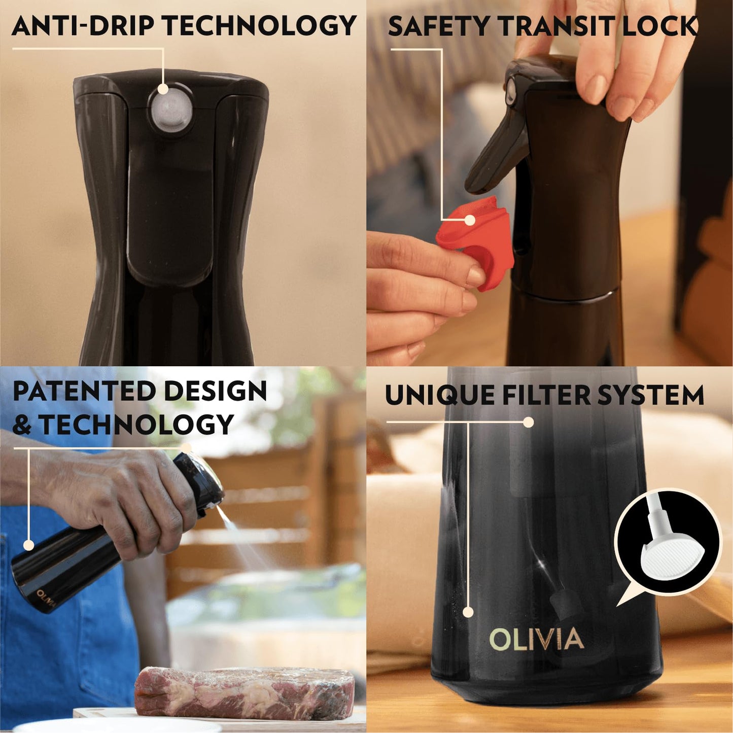 OLIVIA SIGNATURE Advanced Kitchen Oil Sprayer with Flairosol Technology, Fine Mist & Portion Control, Refillable Glass Cooking Spray Bottle, Anti-Drip & Leakproof, Air Fryer, Salad, BBQ, 200ml(Black)