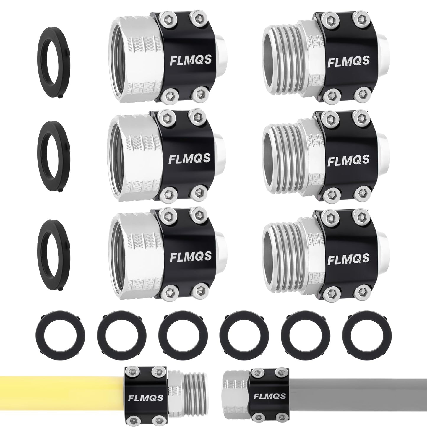 FLMQS Garden Hose Repair Connector Kit with Clamps, Fits 3/4" or 5/8" Garden Hoses, Leak-Proof Male and Female Hose Adapter, 3 Sets White