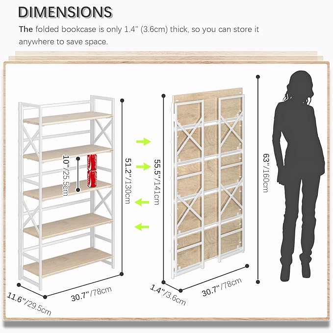 4NM Extra Wide 5 Tiers No Assembly Book Shelves, 51.2" H Folding Bookshelf