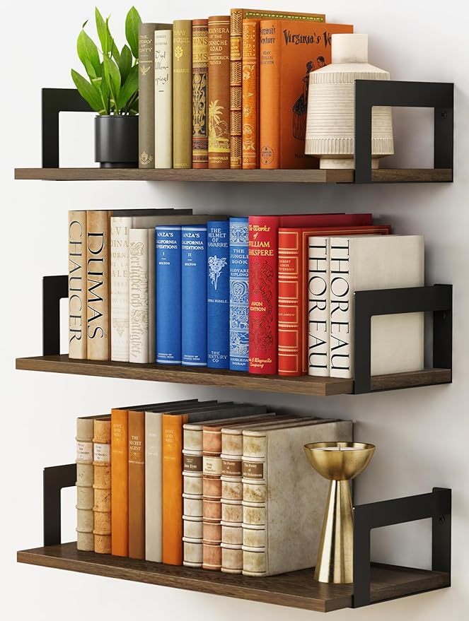 Harwaya Floating Book Shelves for Wall Set of 3, 17 x 8 Inch Deep Wooden Wall