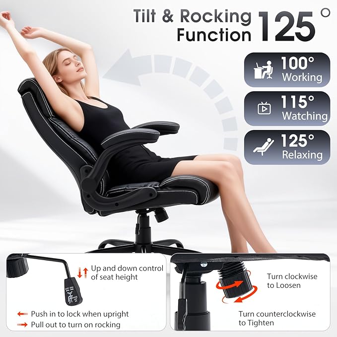 High Back Office Chair with Flip-up Armrests, Leather Comfy Desk Chair with