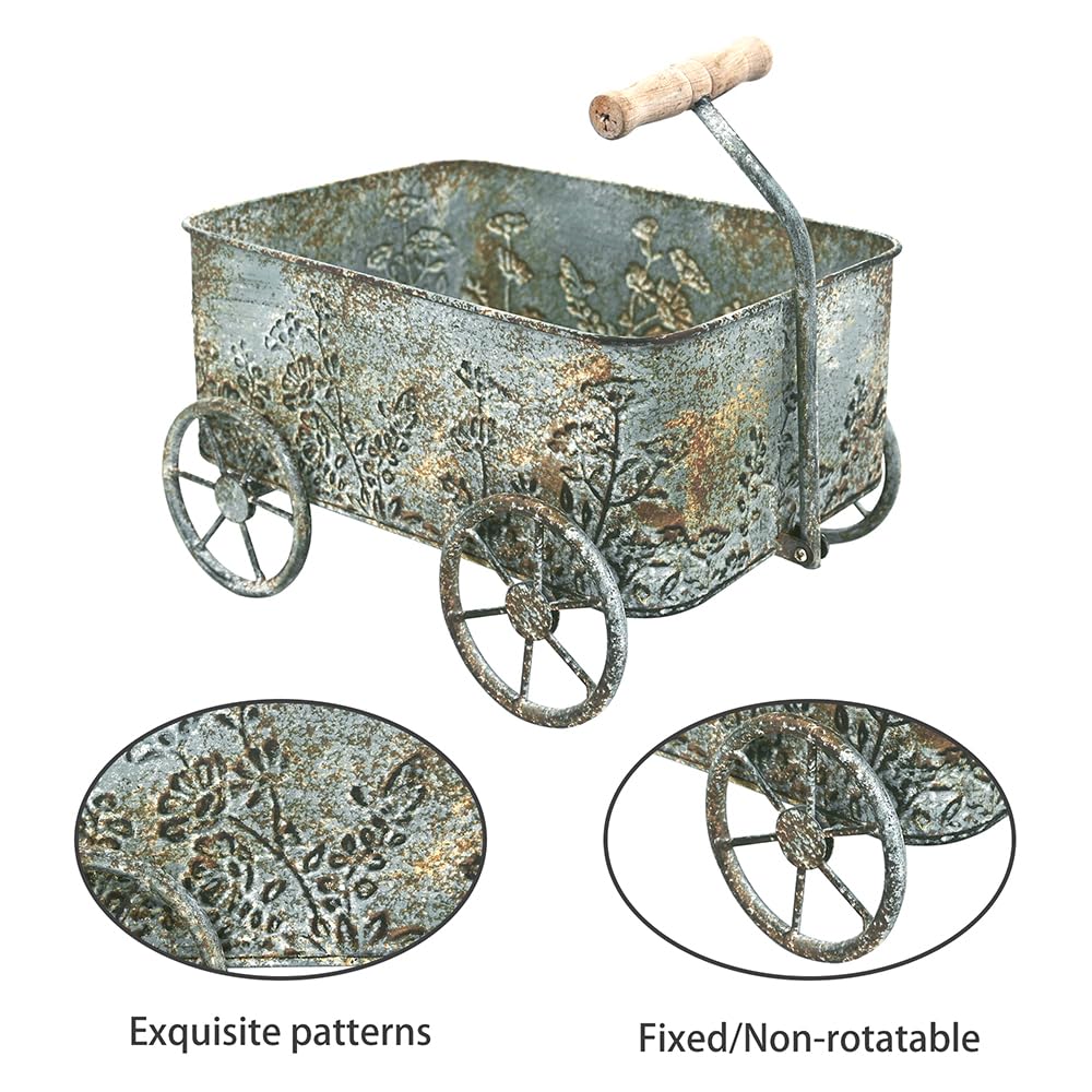 Zokyntrix Flower Cart with Wooden Handles, Metal Wagon Planters for Outdoor Plants, Garden Planter with Wagon Wheels, Decorative Wheelbarrow, Plant Cart for Patio Garden Balcony (Blue)