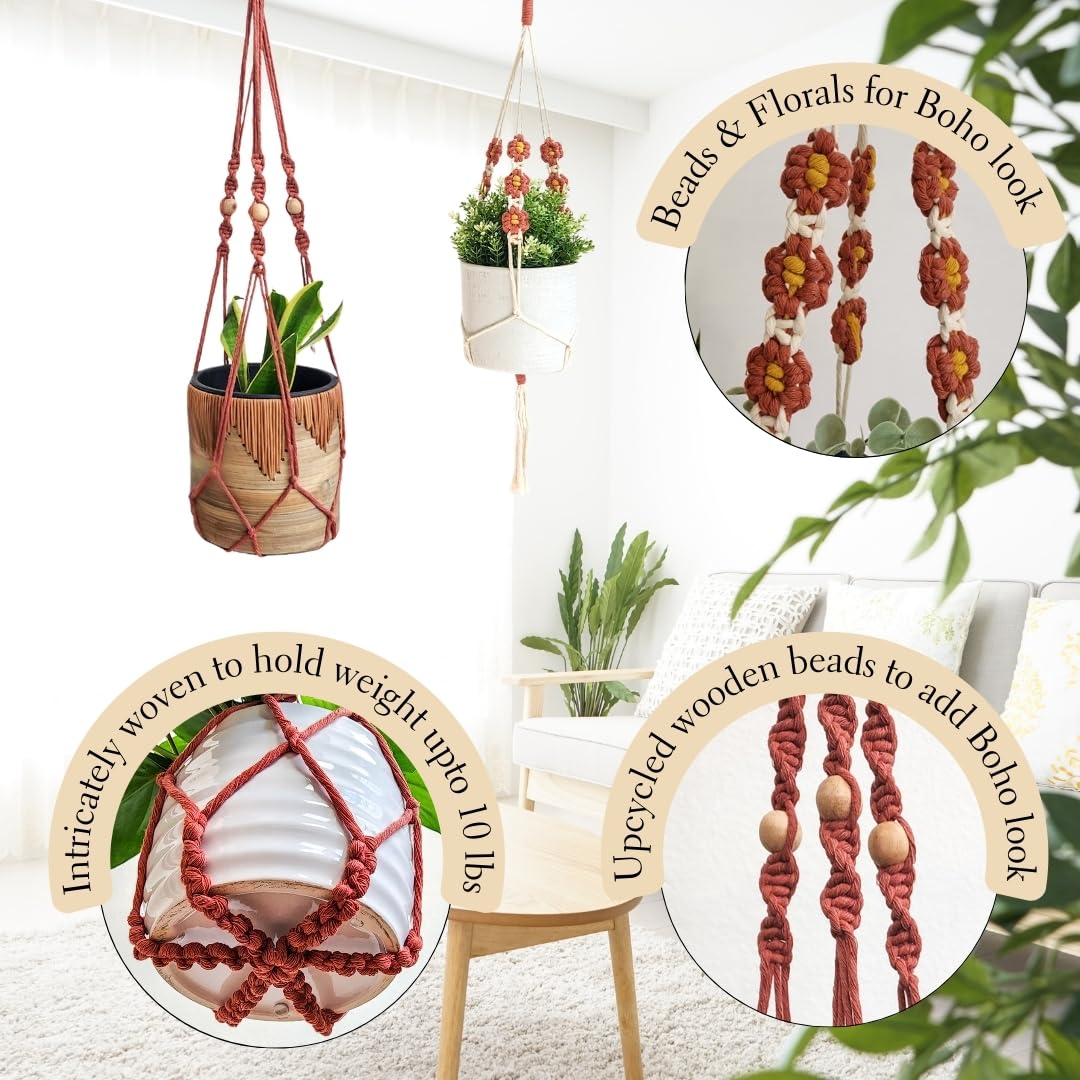 Set of 2 Macrame plant hanger with Daisies & Beads | Hanging plant holder Macrame Plant hangers outdoor and indoor hanging planters Plant stand indoor Boho Decor hanging planter stand (Cafe Latte)