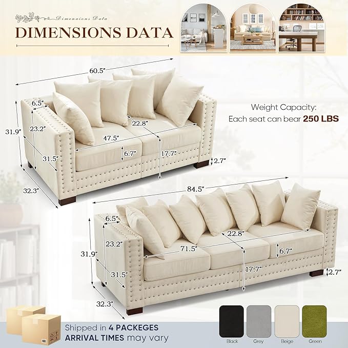 2 Piece Velvet Couch and Loveseat Sets, Mid Century Modern Couch