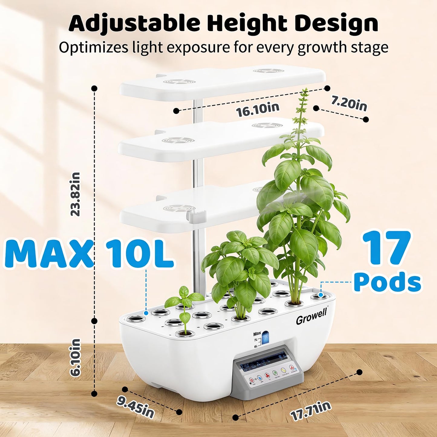 Growell Hydroponics Growing System Kit, 17 Pods Indoor Herb Garden with 2 Fans Circulation, Grow Light, Smart Water Cycle, Auto Timer, 10L Water Tank, Perfect Indoor Gardening System Gifts (White)
