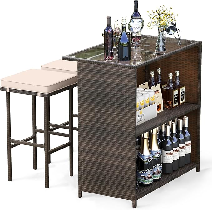 Tangkula 3 Piece Patio Bar Set, Outdoor Rattan Bar Table and 2 Stools
