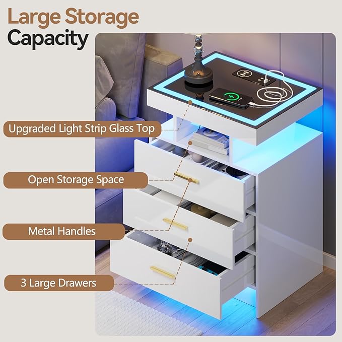 White Night Stand with Wireless Charging Station, Smart Bedside Table with 3