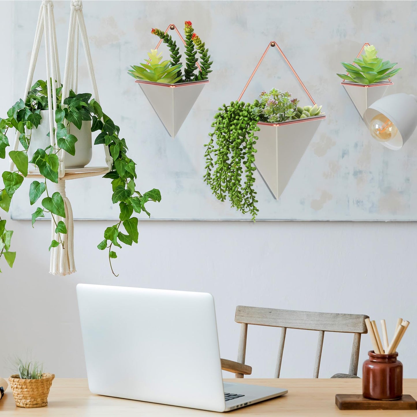 Rtteri 15 PCS Gray Wall Hanging Planter Set with Artificial Succulents, 3 Ceramic Geometric Wall Planters in 3 Sizes, Modern Indoor Decor for Living Room Bathroom Office