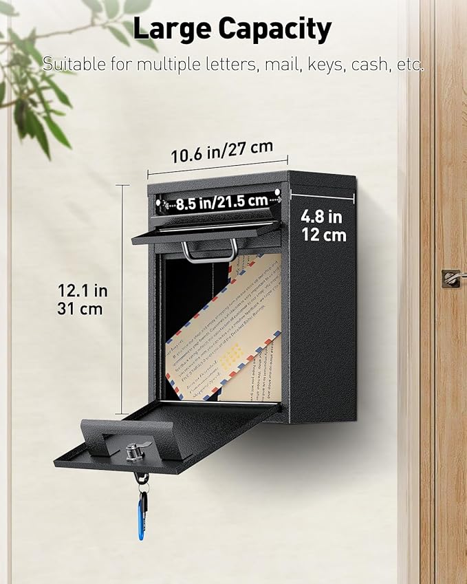 Uniclife Wall Mount Mailbox for Outside, Anti-Theft Heavy Duty Locking Mailbox, Small Mailbox with Key Lock, Security Mail Box, Safe Key Drop Box, Post Box, Steel Cash Drop Box for Home Office, Black