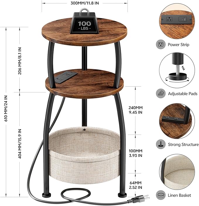 Side Table with Charging Station, Small Round End Table with Basket, USB Port