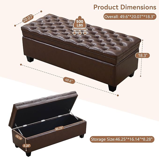 WUTUTUEE 50" Faux Leather Storage Ottoman Bench, End of Bed Upholstered