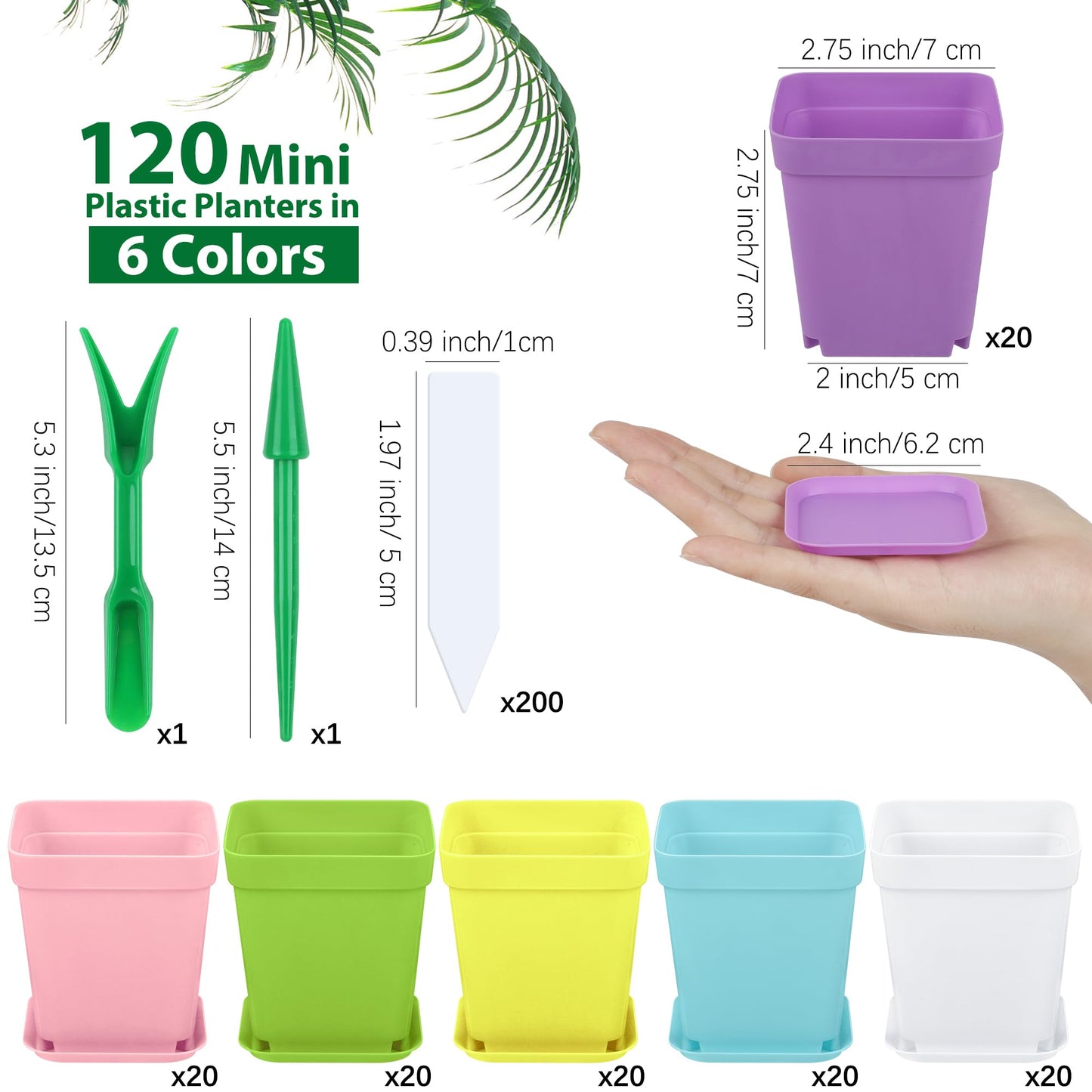 Hahood 120 Pack Mini Plastic Planters 3 Inch Flower Seedling Nursery Pots with Pallet Colorful Square Flower Plant Pots Seed Starting Pots with Labels and Tools for Home Garden Flowers Plants,6 Colors