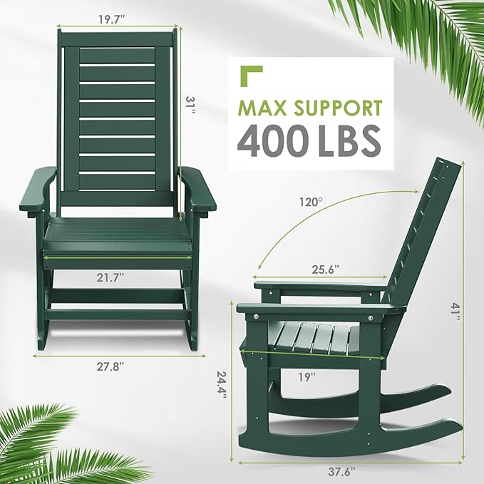 GREENVINES Outdoor Rocking Chairs | Set of 2 | Porch Rocker | HDPE Plastic | Forest | Oversized Rockers | High Back | Big & Tall | Ladder Back | for Patio Outside Backyard Balcony Garden