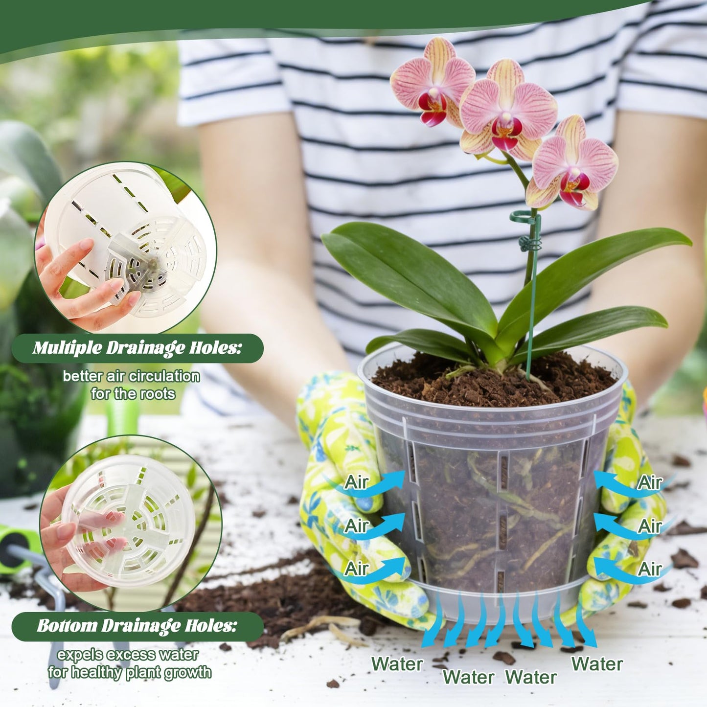 LUCKJUJU 12 Sets Orchid Pot with Holes, 4, 5, 6 Inch Clear Plastic Plant Pot with Saucers, Plant Stakes, Clips, Orchid Pots with Drainage for Repotting for Indoor Outdoor Plants