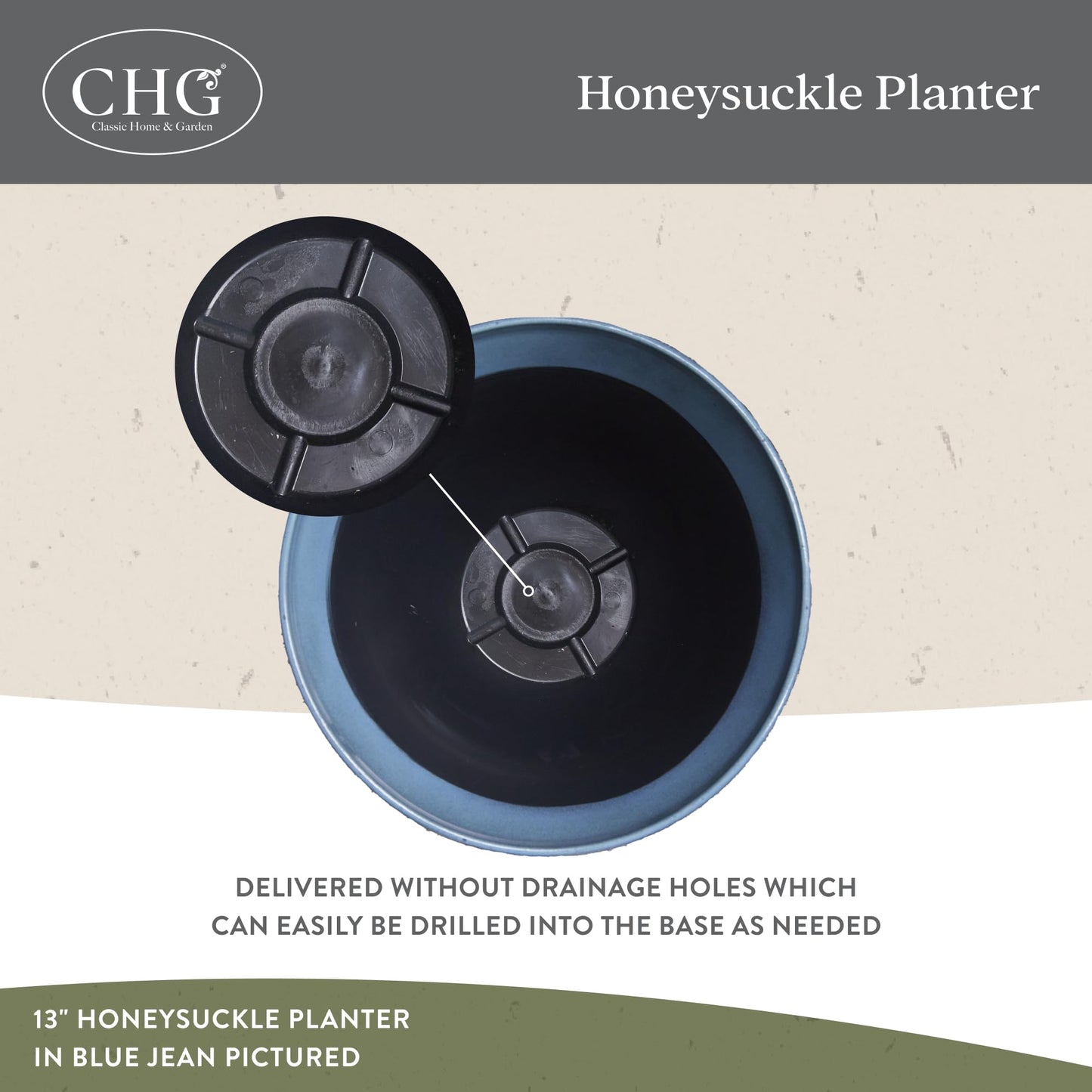 Classic Home and Garden by Growscape Honeysuckle Resin Planters - Lightweight Indoor & Outdoor Plant Pots - UV-Resistant Plastic Flower Pots - Pot Planters for Flowers & Herbs (15" Fossil)
