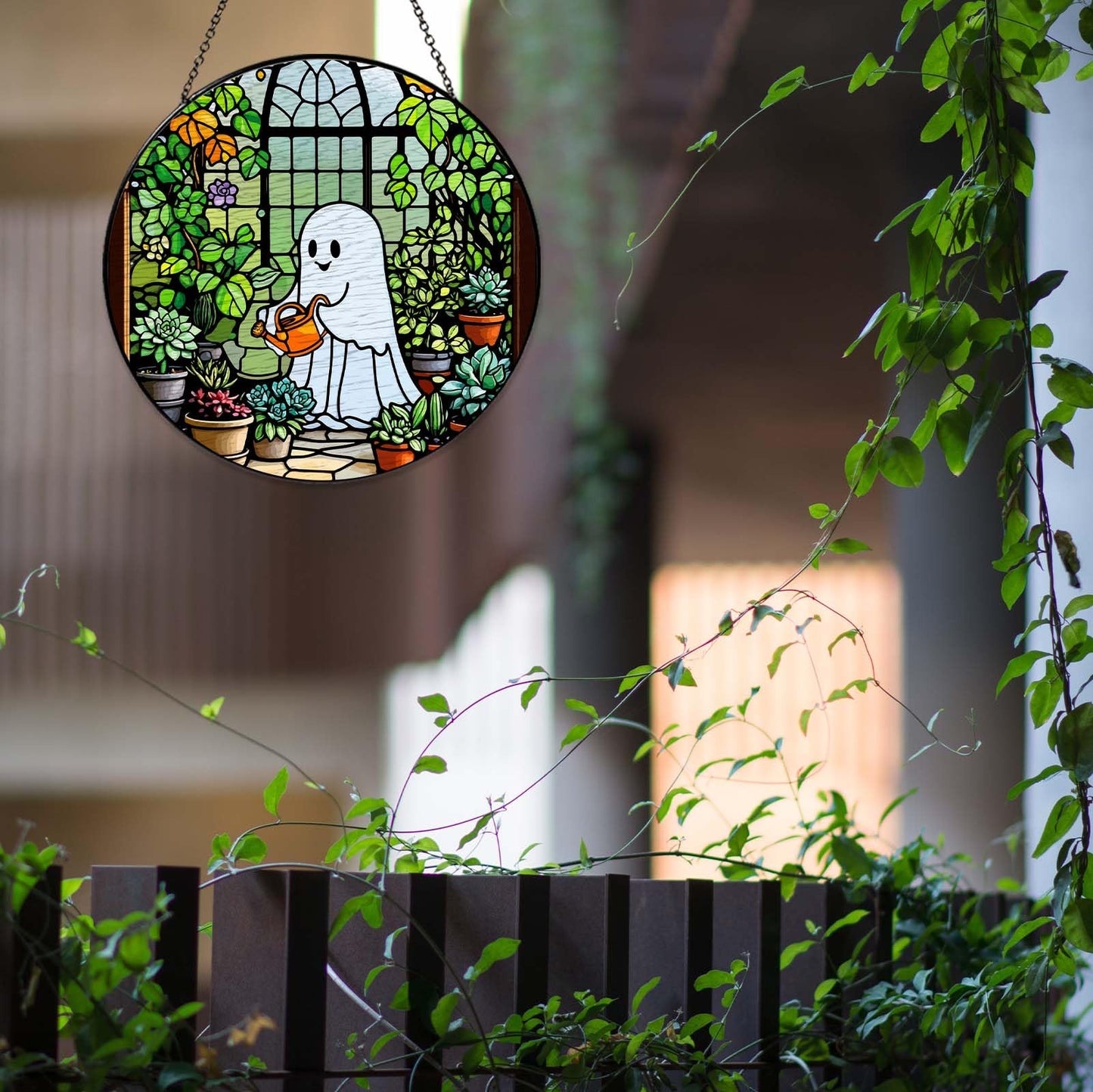 RVEAFA Ghost Garden Sun Catcher Stained Glass Window Hanging Plant Lovers Gifts for Women Wall Decor Handmade SunCatcher Decoration for Garden Home Plant Greenhouse Decor, 7.87inch