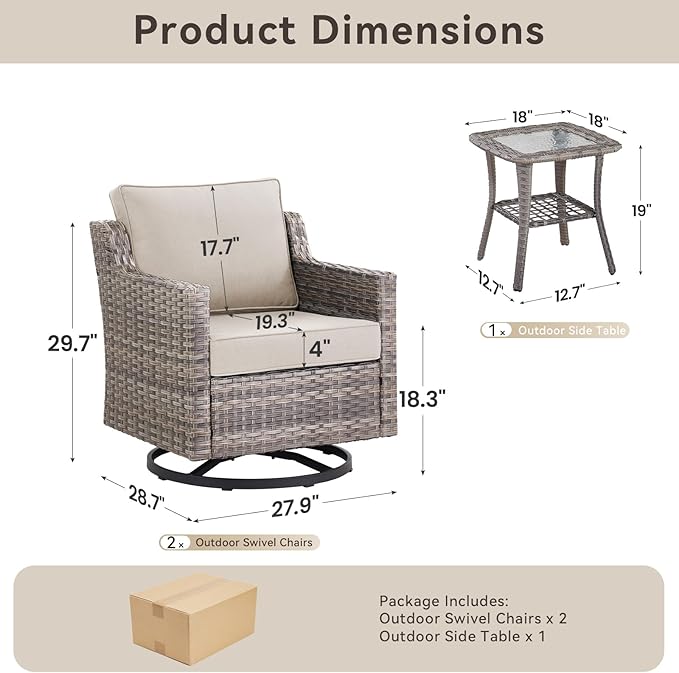 3 Pieces Patio Furniture Set-High Back Swivel Patio Chairs Set of 2