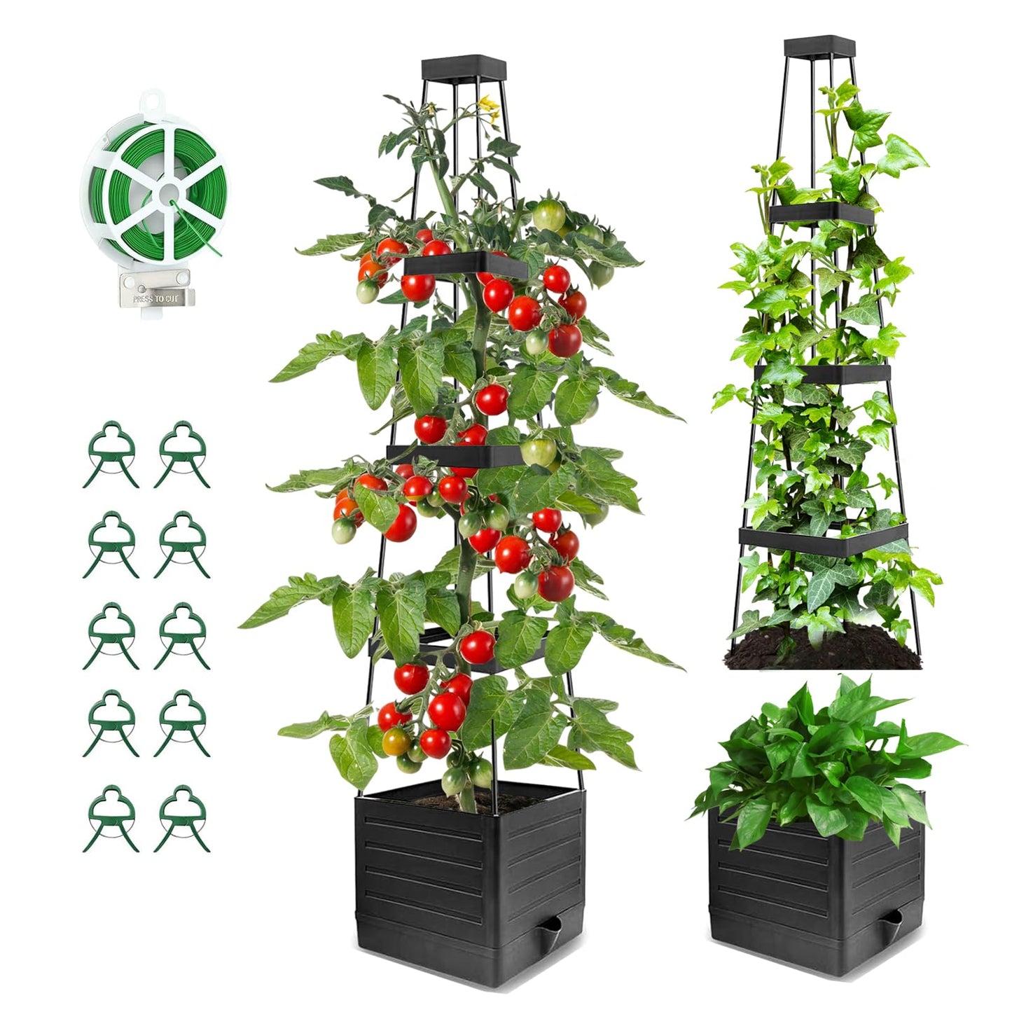 2 Pack Tomato Planter with Trellis 57 Inch, Raised Garden Bed Planter Boxes Self-Watering for Climbing Vegetable, Plants and Tomato Cages for Indoor Outdoor