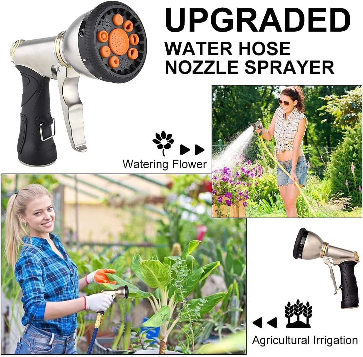 Garden Hose Nozzles 9 Adjustable Patterns Hose Spray Nozzle Heavy Duty Metal Hose Nozzle Spray Slip Resistant Water Sprayer for Cleaning/Watering Lawn Garden/Pets Shower/Car Washing (Orange)