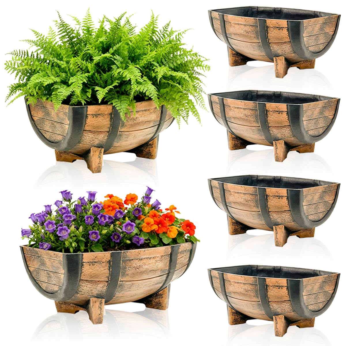 Whiskey Barrel Planter,Set of 6 Half Barrel Planters for Outdoor Plants with Removable Drain Screen,Weather Resistant Plastic Flower Pots for Indoor Outdoor Garden,Patio,Lawn,16.14x11.8x7.28 Inch