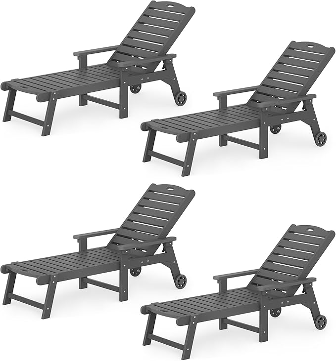 LUE BONA Lounge Chair Outdoor Set of 4, HDPS Chaise Lounge Outdoor