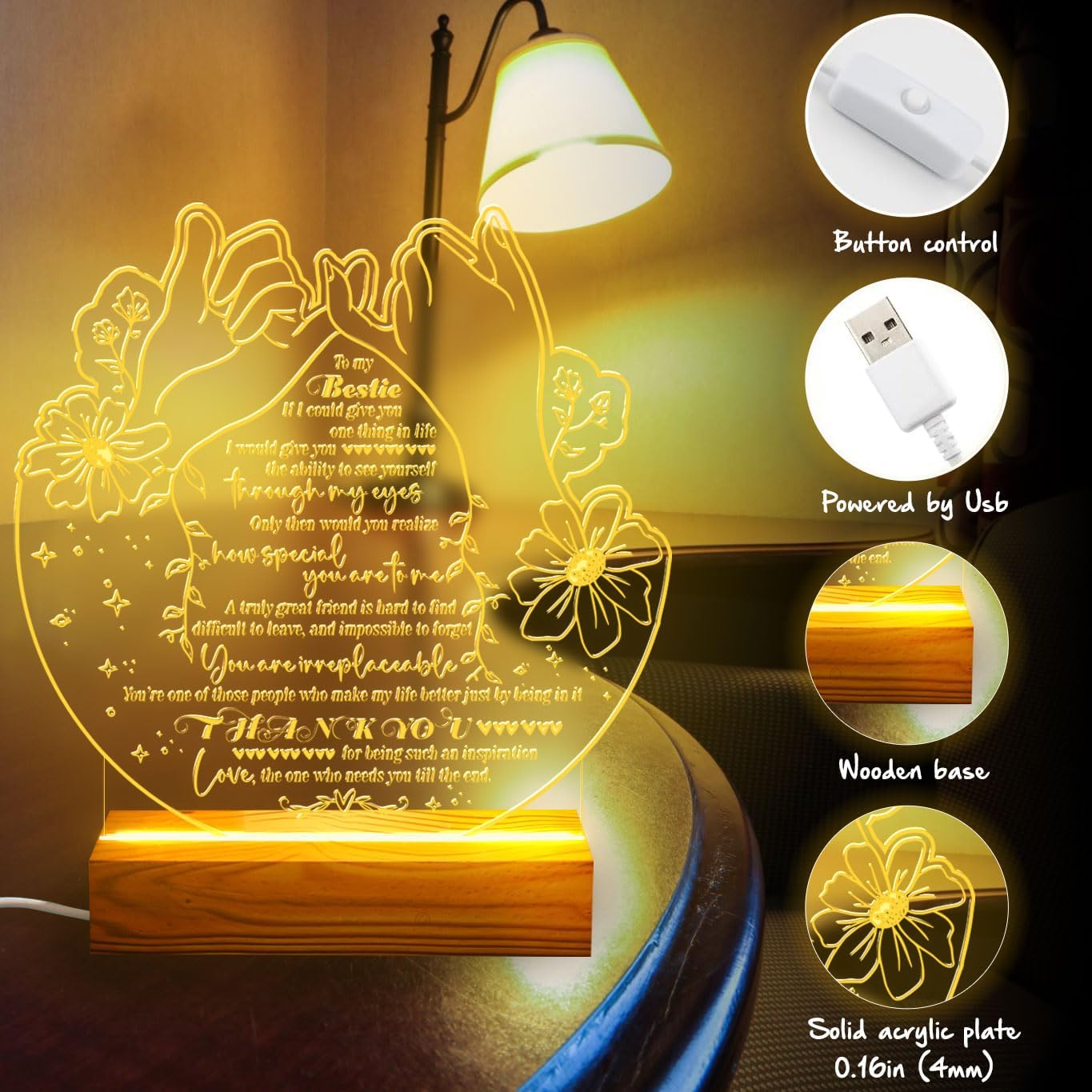 Bestie Gifts Heartfelt LED Night Light for Best Friend - Bestie Birthday Gifts - USB Powered Lamp with Pinky Promise Design and Touching Message - Wooden Base - Perfect Friendship Gift for Home Decor