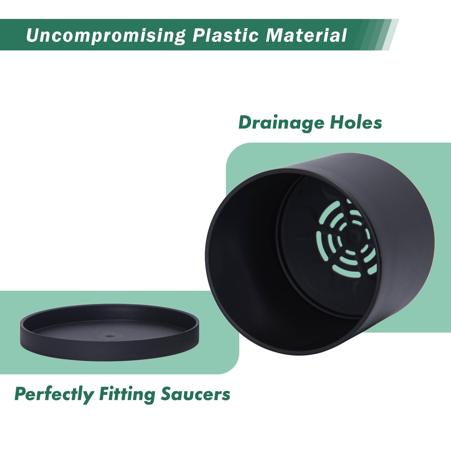 D'vine Dev 2 Pack 5 Inch Modern Plastic Plant Pots, Small Garden Planters for Plant with Drainage Holes and Saucers, Black Color, 74-Y-G-1