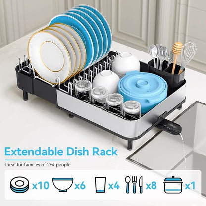 Urackify Dish Drying Rack - Dish Drainer for Kitchen Counter, Stainless Steel Dish Rack with Swivel Draining Spout & Drain Board, Expandable Space-Saving Kitchen Dish Organizer for 3-4 People, Black
