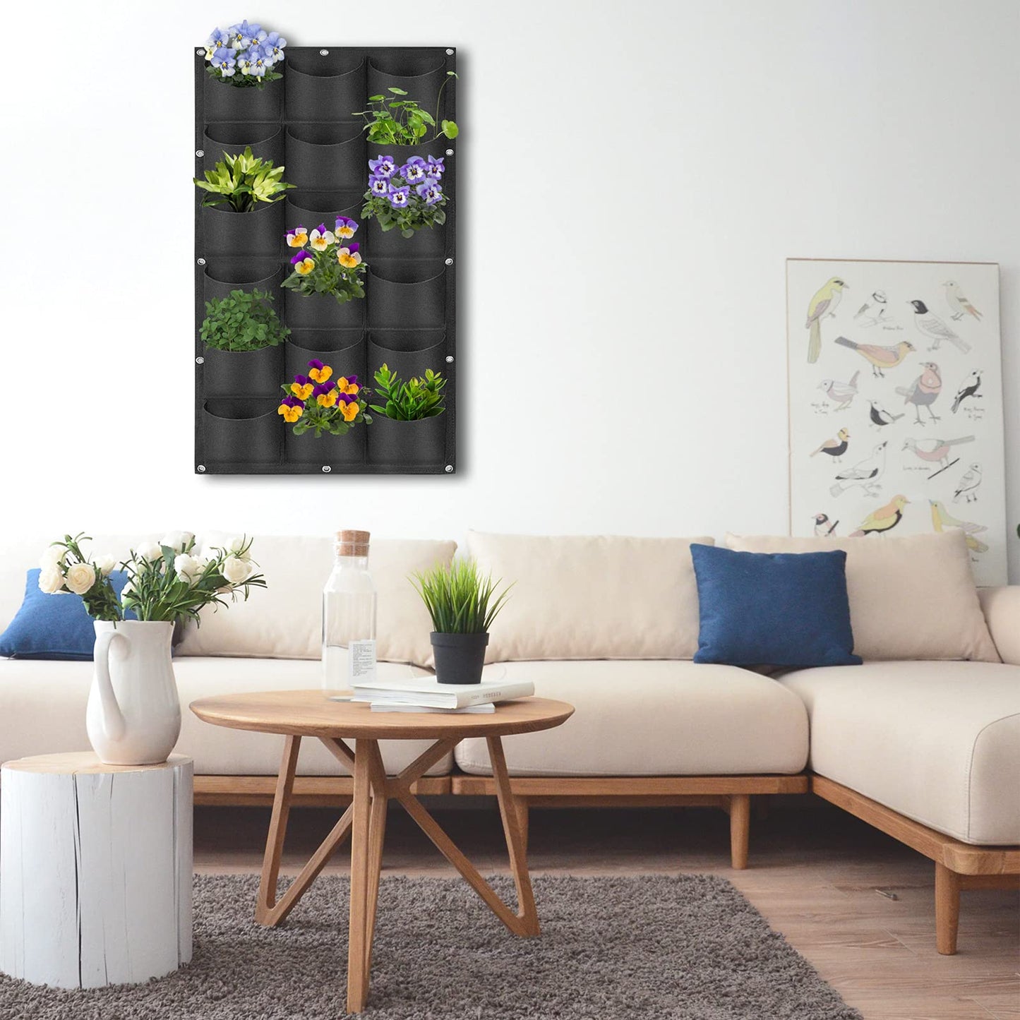 18 Pockets Hanging Planter Bags, Hanging Vertical Wall Mounted Plant Planting Grow Bags, Herb Garden Planter Outdoor Indoor Growing Bag, Gardening Vertical Greening Flower Container(1m×0.5m, Black)