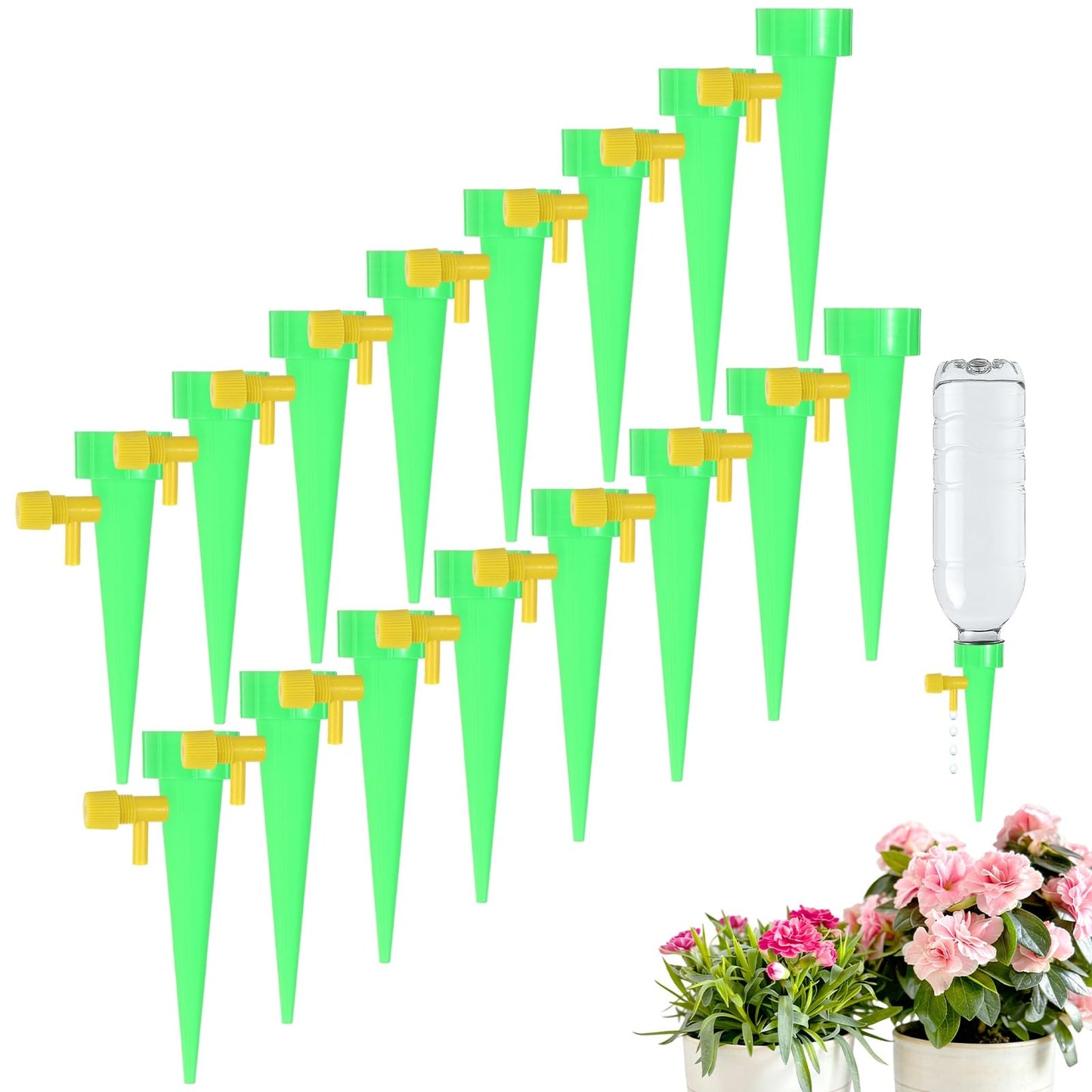 M METERXITY 16-Pack Self Watering Spikes for Plants, 4.3 Inch Plastic Plant Watering Devices with 16 Regulator for Indoor/Outdoor Pots, Garden Water Planter System [Green]