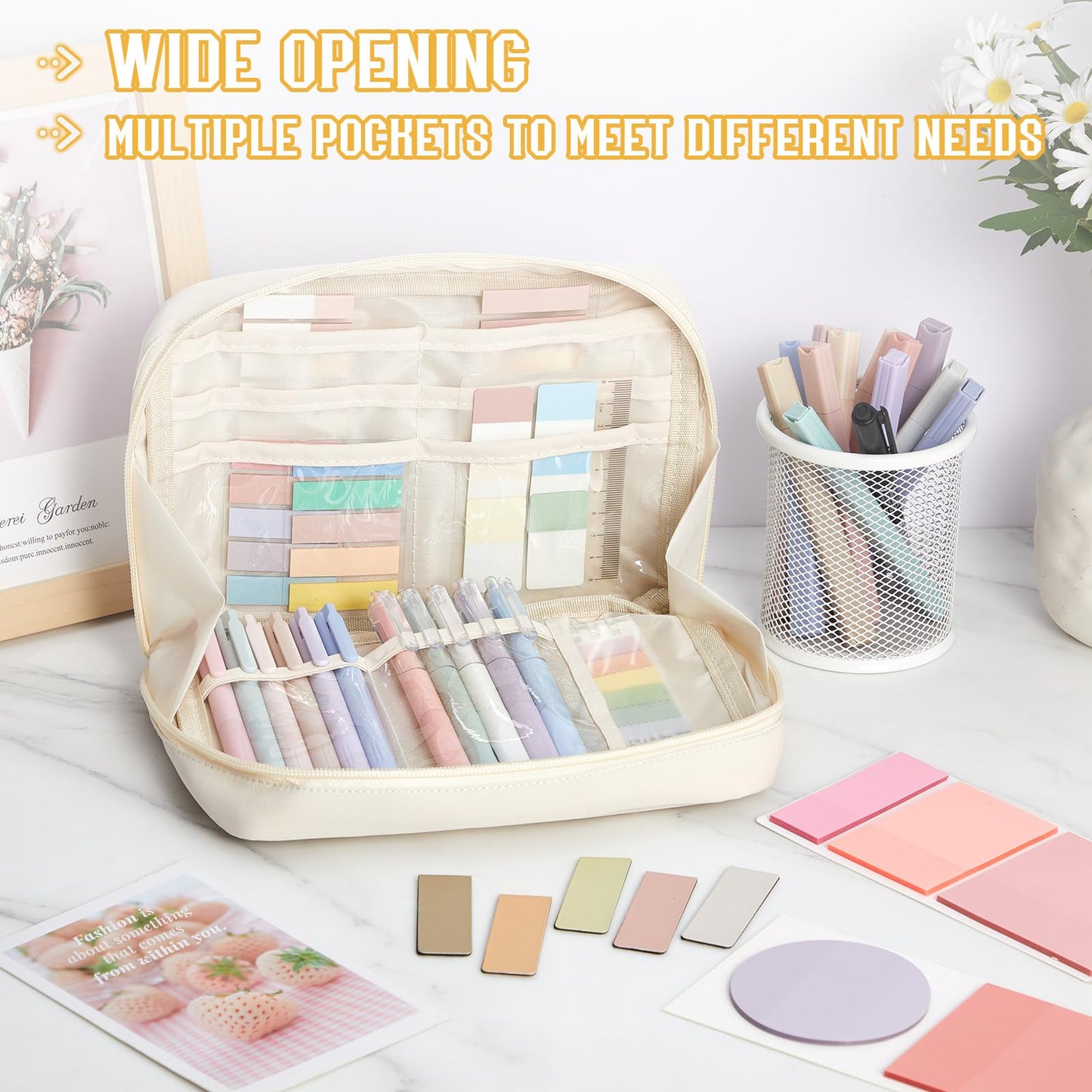 Jutom 41 Pcs Aesthetic Book Annotation Kit with Pencil Bag Bible Journaling Kit Notebook Sticky Note Tab Highlighter Black Ink Pen Page Marker School Office Supplies Bible Lover Gift(Beige)