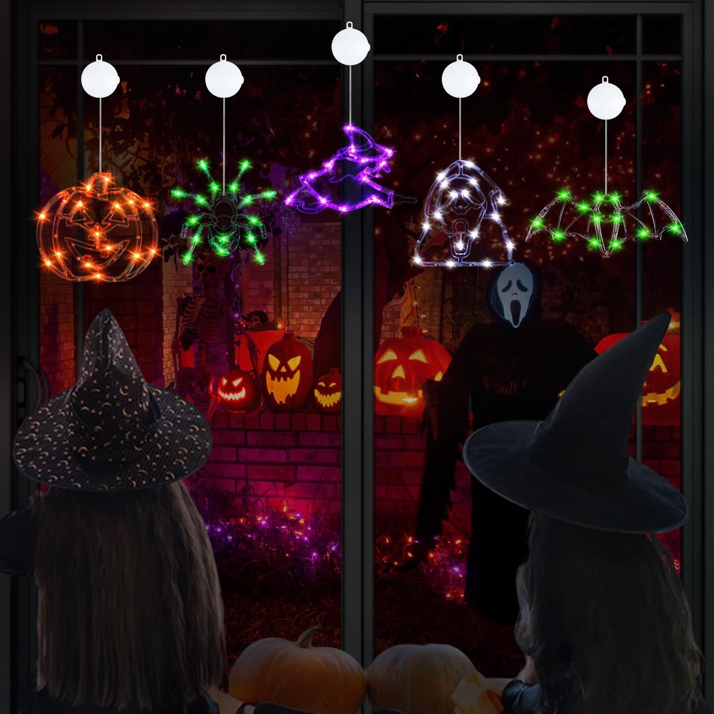Wlicon 5 PCS Halloween Lights Decorations Green Spider Orange Pumpkin White Ghost Purple Witch Green bat with Suction Cups and Battery Operated Halloween Lights with Timer for Window House Decoration