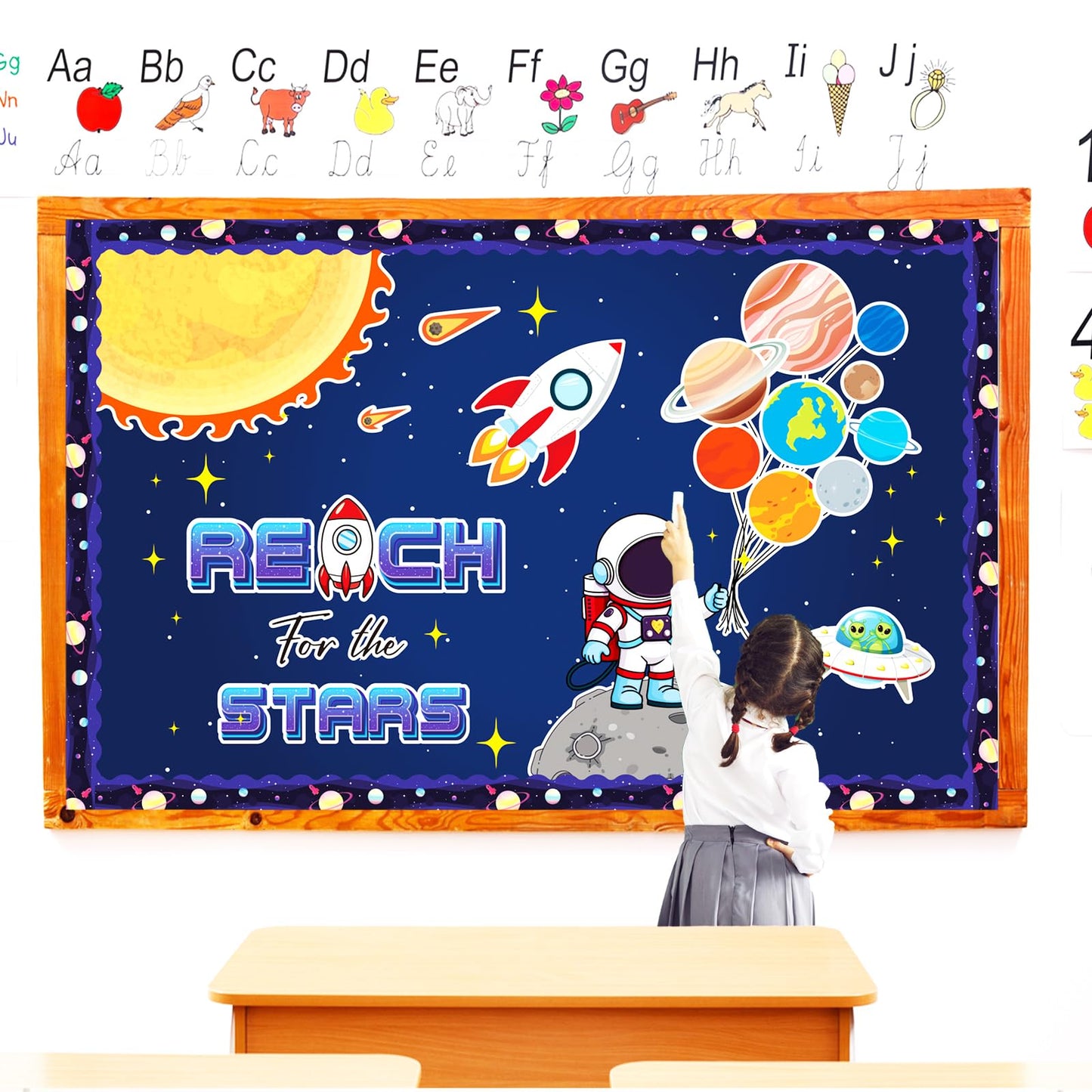 Outer Space Bulletin Board Decorations Set with Borders Space Theme Solar System Motivational Cutouts Decor for Teachers Astronaut Bulletin Board for Class School Classroom Chalkboard Wall Decor