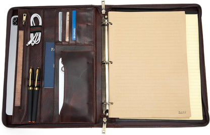 3 Ring Binder Genuine Leather Portfolio, Front Pocket, 8.5 x 11 Legal Pad Padfolio for Men and Women, Zippered Notepad Laptop Organizer, Business Executive Work Folio, Dark Brown, Oil Tanned