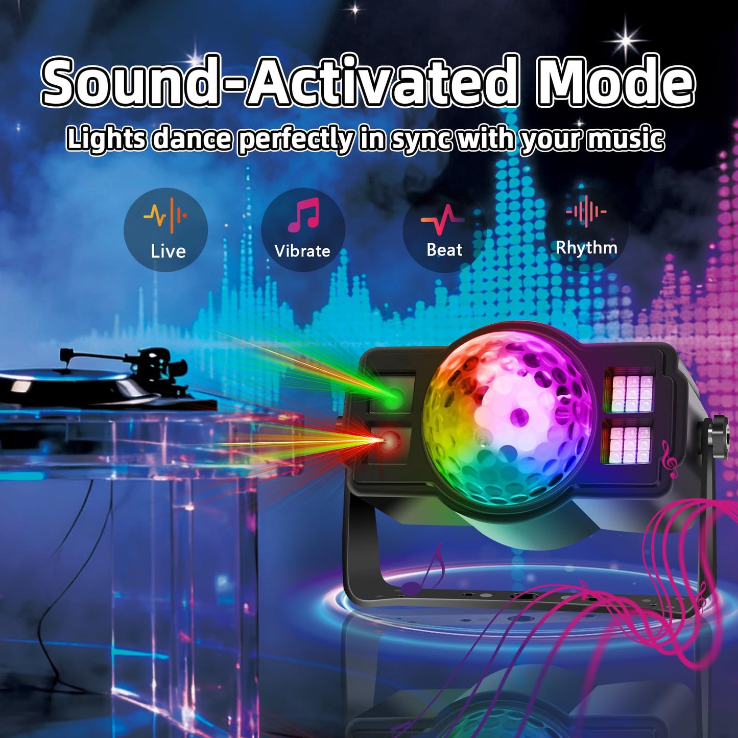 3-in-1 Disco Ball Party Lights, Sound Activated DJ Strobe Light with 60 Patterns, USB Powered Disco Light Projector for Room Decor, Glow Party Supplies, Birthday, Christmas, Halloween