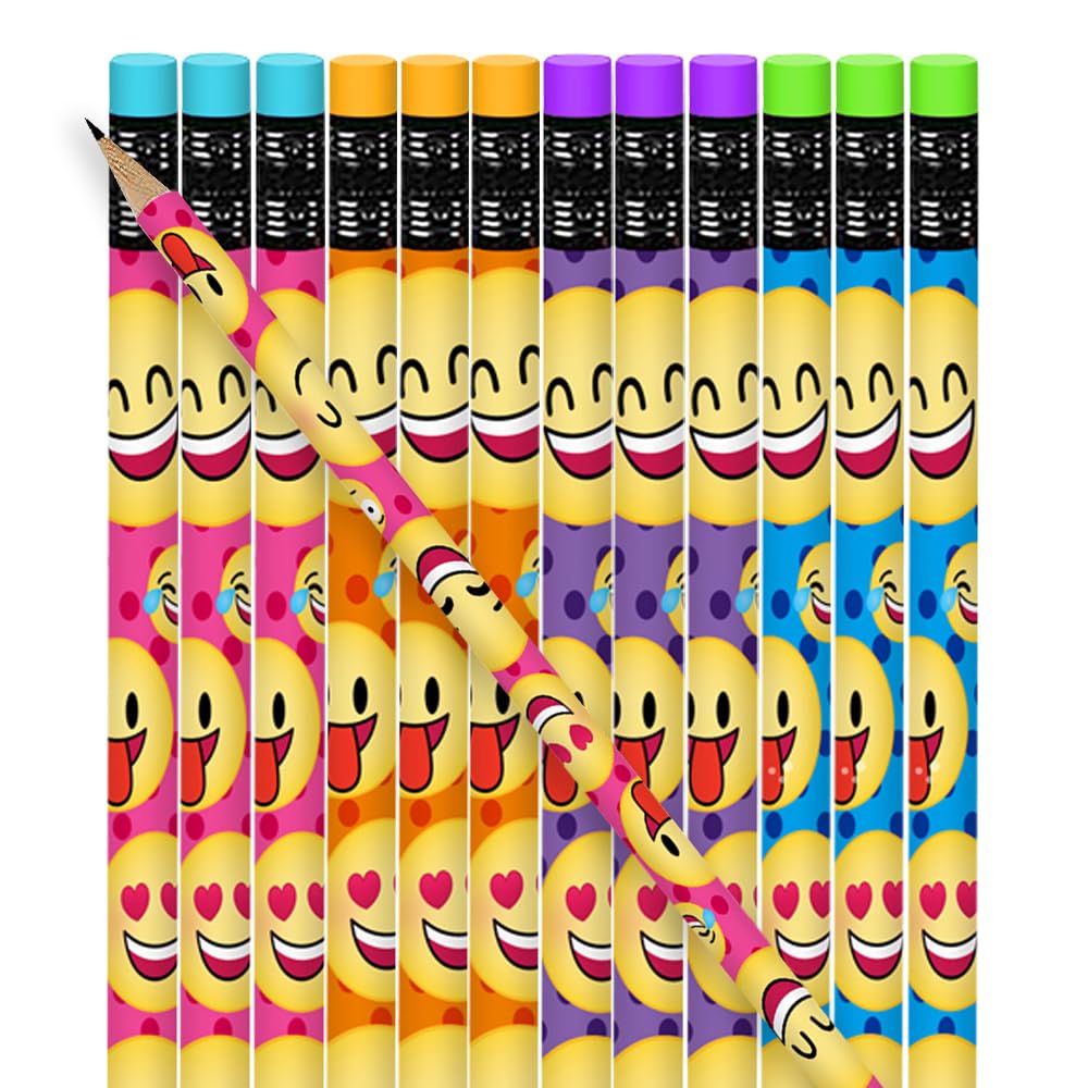 ArtCreativity Emoticon Pencils, Set of 24, Cool Writing Pencils with Erasers with Assorted Emoticon Designs, Birthday Party Favors, Party Goody Bag Fillers, Teacher Supplies for Classroom