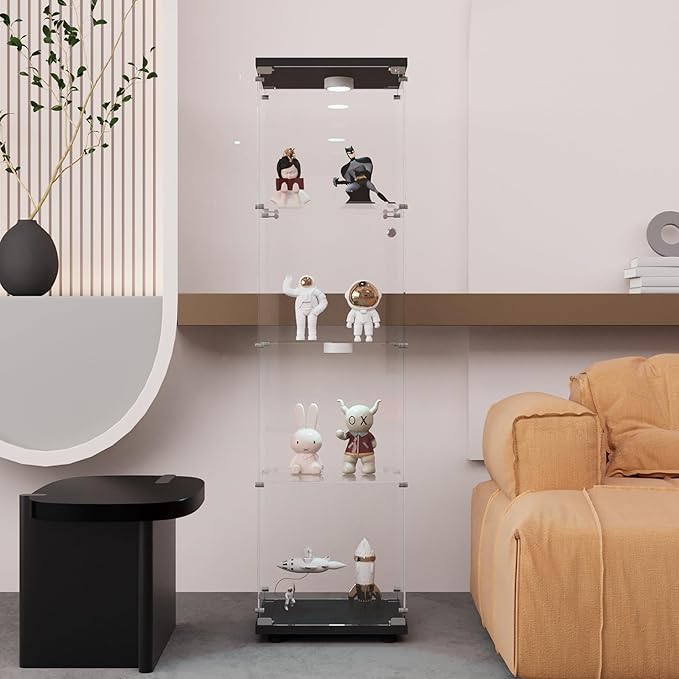 Glass Display Cabinet with LED Light and Lock, 4-Shelf Fast Installation Curio