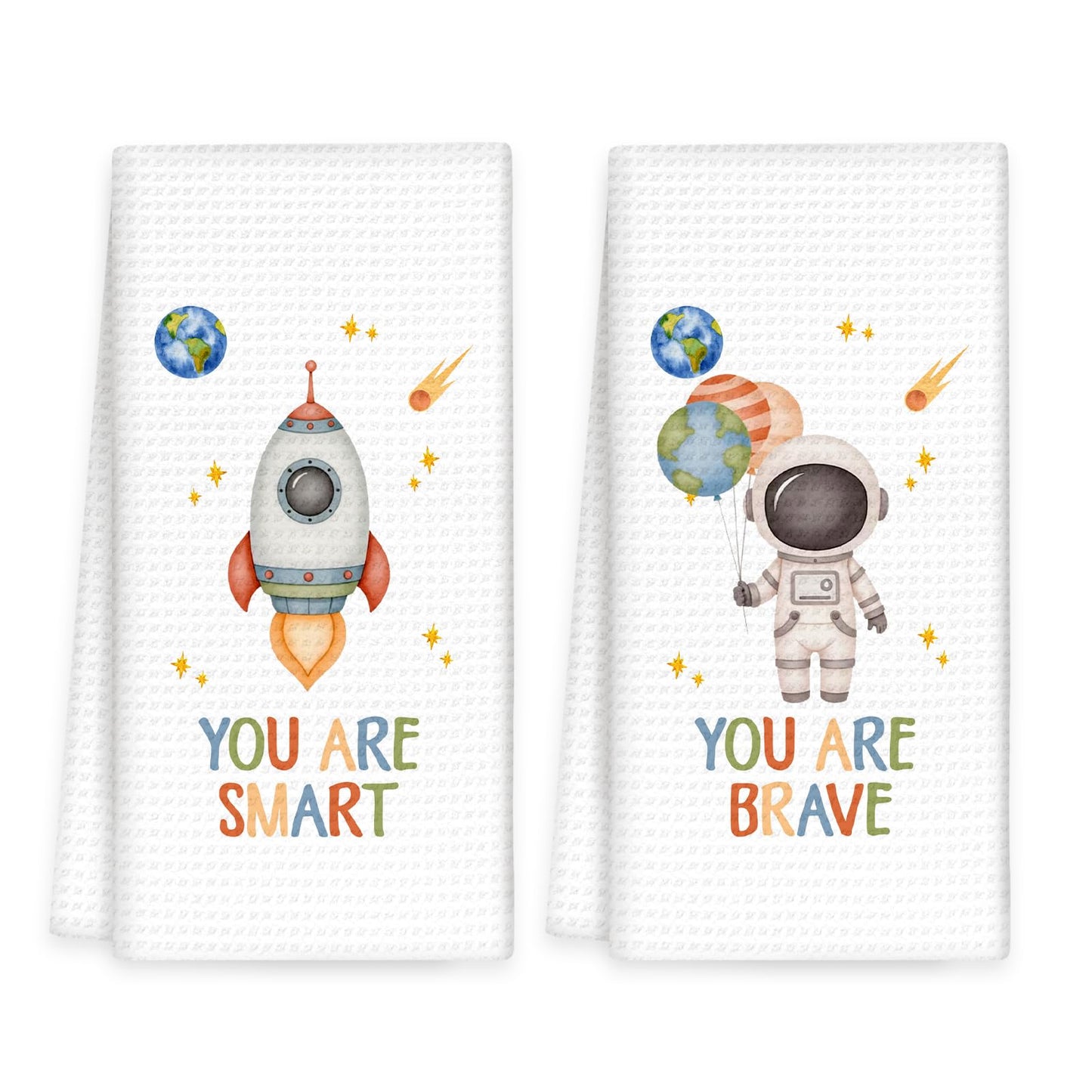 OINDADE Space Kids Hand Towels Set of 2, Space Nursery Decor Hand Towels, Inspirational You are Smart Brave Dish Towel Tea Towel for Kitchen, Astronaut Boys Kids Nursery Bathroom Decor,16x24In