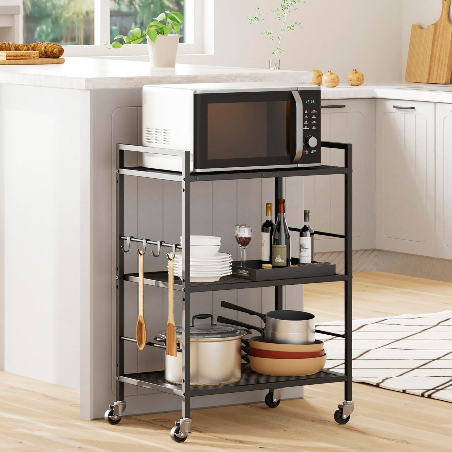 XIVIRACK 3-Tier Metal Storage Rack with Industrial Wheels,Mesh Shelving Unit with Wooden Table top,Adjustable Shelf,23.6-Inch Width,15.8-Inch Depth, for Kitchen, Laundry,Pantry,Plant,Black panel