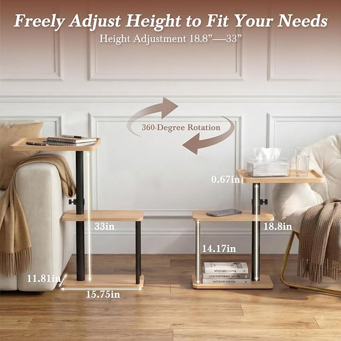 Faesun C Table End Table Adjustable Height, 360°Swivel TV Tray Table
