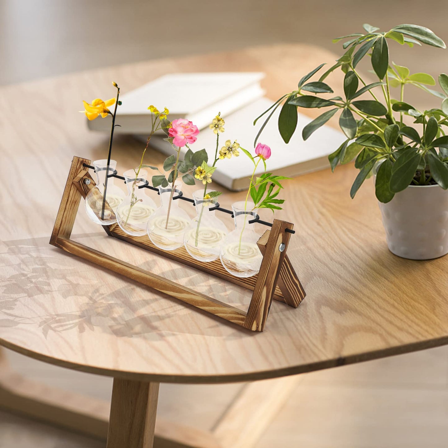 Modern Crystal Test Tube Vases with Wooden Stand Holder Set, Artistic Creative Hydroponics Vase Ornaments, Desktop Bulb Glass Vase, Plant Terrarium Stand for Home Office Garden Decor(U Shaped Rod)