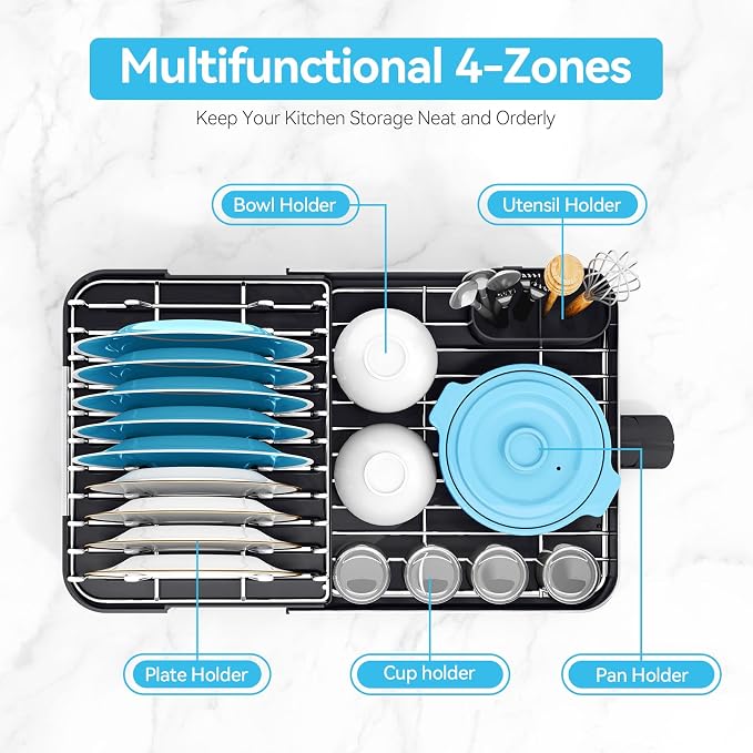 Urackify Dish Drying Rack - Dish Drainer for Kitchen Counter, Stainless Steel Dish Rack with Swivel Draining Spout & Drain Board, Expandable Space-Saving Kitchen Dish Organizer for 3-4 People, Black