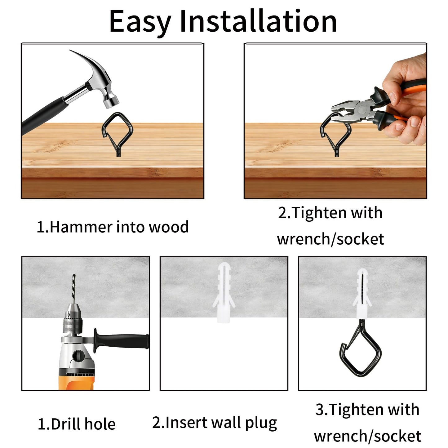 Tuakoie Heavy Duty Eye Screw Hooks with Safety Buckle, Windproof Ceiling Hooks for Hanging Plants, Outdoor String Lights, Bird Feeders, Cups & Decor – Metal Screw in Hooks (2.36IN Black, 46PCS)