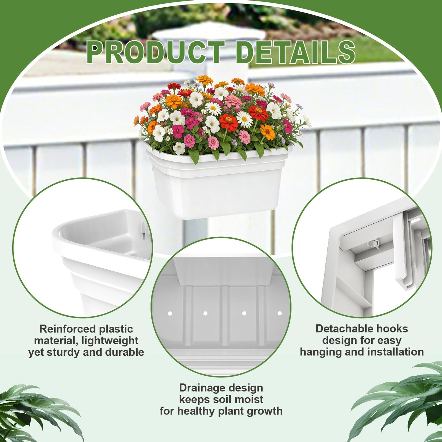 SprintGy 4 Pack Fence Post Planter for 5x5 PVC Fence Posts, 15.75 Inch Fence Hanging Planters for Outdoor Plants, Easy Install, White Flower Pots for Deck Railing Garden Yard Decor