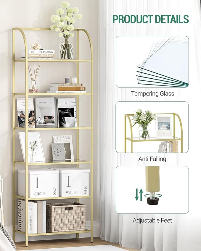 Hzuaneri Bookcase Bookshelf, Tempered Glass Arched Bookshelf