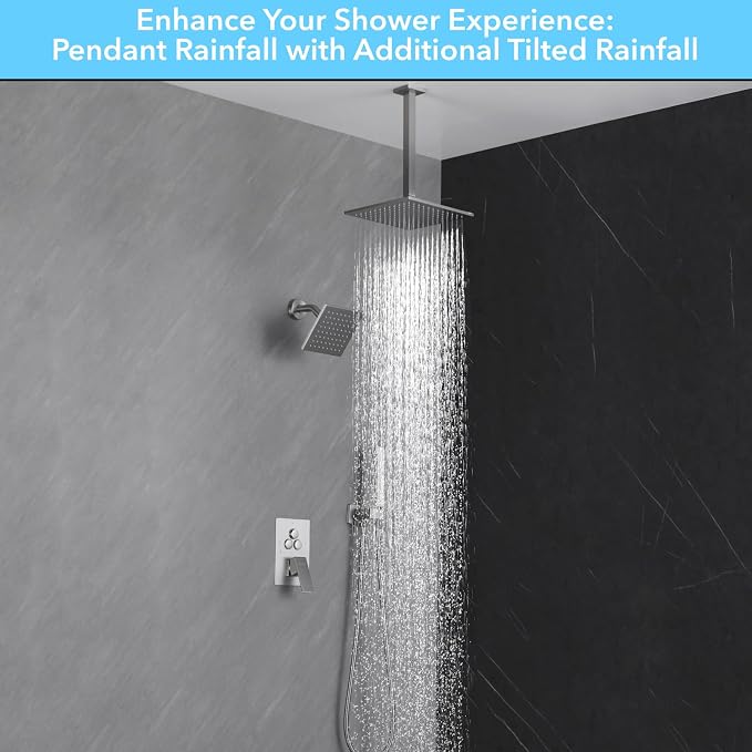 VANFOXLE Shower Faucet Set Brushed Nickel Shower System, Push Button Diverter Shower Faucet with Trim Kit, Ceiling Mount 10 Inch Shower Head Increased Thick, 6 Inch Side Shower Head, 2-in-1 Handheld