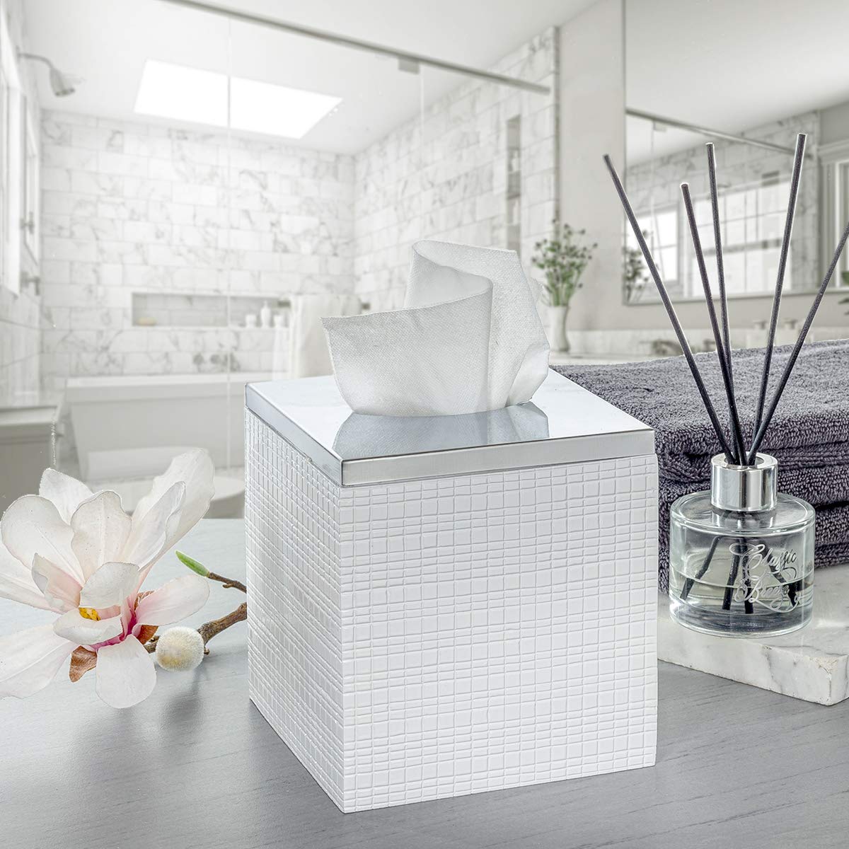 Creative Scents Estella White Tissue Box Cover Square - Decorative Bathroom Tissue Box Holder, Elegant Design Tissue Cover, for Modern Bathroom Decor