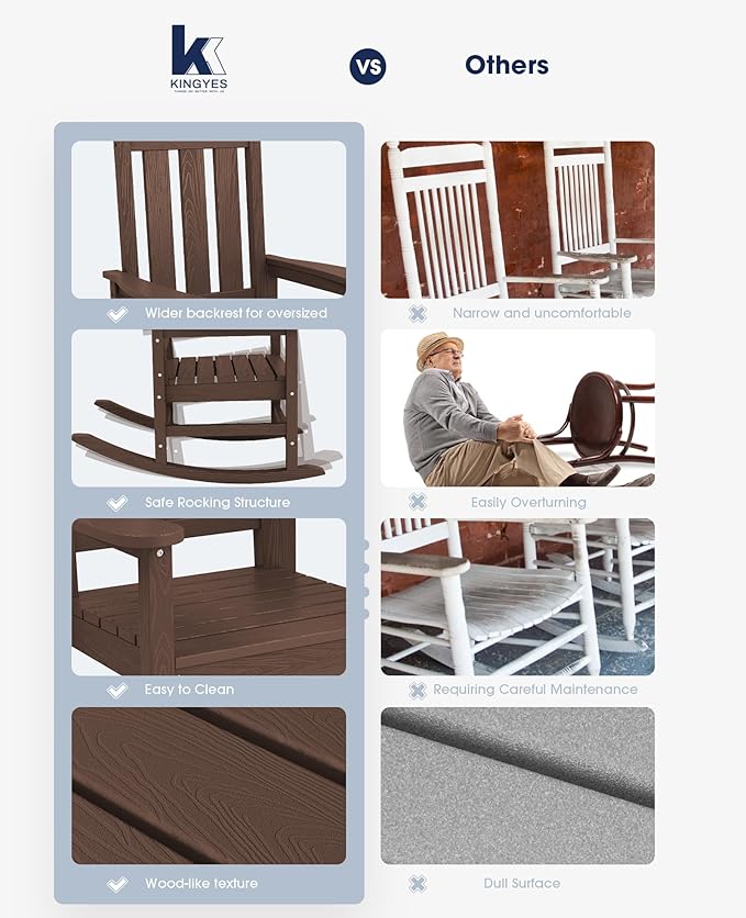 KINGYES Oversized Outdoor Rocking Chair, All-Weather Patio Rocking Chairs