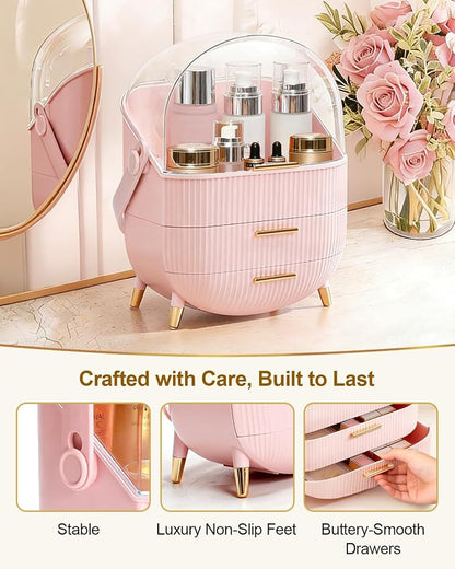 Makeup Organizer with Drawers & Lid - Portable Large Cosmetic Storage Case for Vanity Countertop, Travel, Gift for Women, Girls, 11"×7"×15", Pink